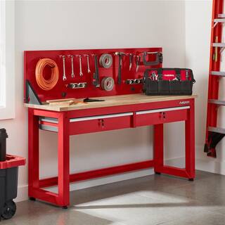 Husky Ready-To-Assemble 6 ft. Solid Wood Top Workbench in Red with Pegboard and 2 Drawers G7202SR-US