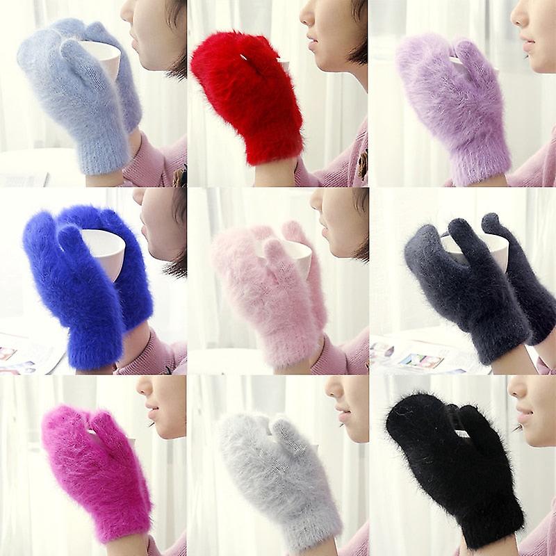 Winter Women Soft Wool Rabbit Hair Warm Knit Gloves