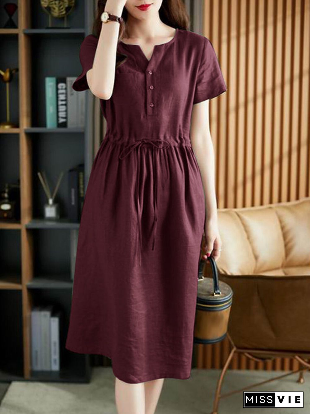 Solid Pocket Drawstring Waist Button Short Sleeve Dress