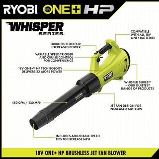 RYOBI ONE+ HP 18V Brushless Whisper Series 130 MPH 450 CFM Cordless Battery Leaf Blower w (2) 4.0 Ah Batteries  (2) Chargers P21140-BK