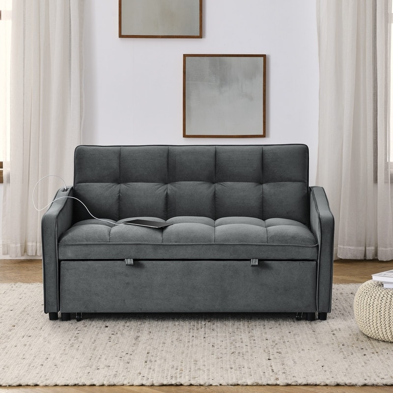 Pull out Bed Loveseats Sofa Bed with Adjsutable Back  Two Arm Pocket  TypeC and USB Charging  Grey