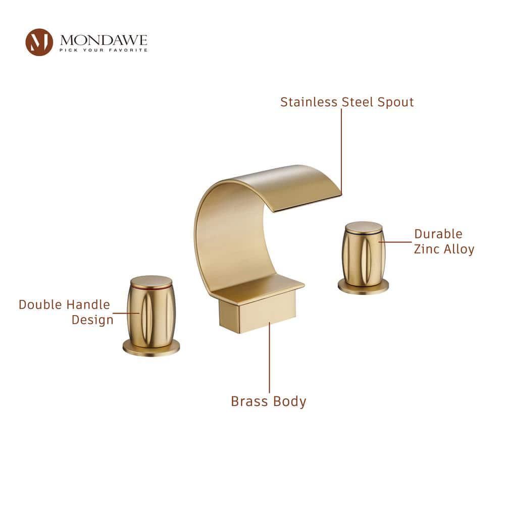 Mondawe Luxury C Arc Waterfall Spout 2Handle 8 in Widespread Bathroom Sink Faucet With Popup Drain in Brushed Gold