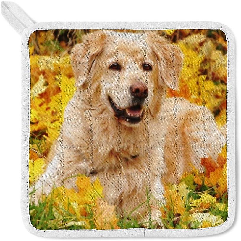 Kitchen Oven Mitts Glove Potholder Apron 3pcs Set Autumn Golden Retriever Dog Non Slip Heat Resistant Mitts For Baking Cooking Bbq