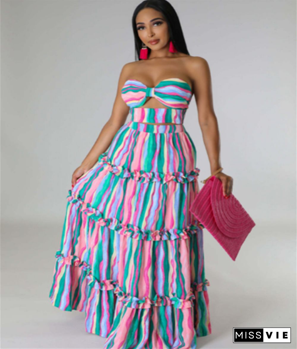 Stripe Print Strapless Bra Maxi Skirts Two Piece Set