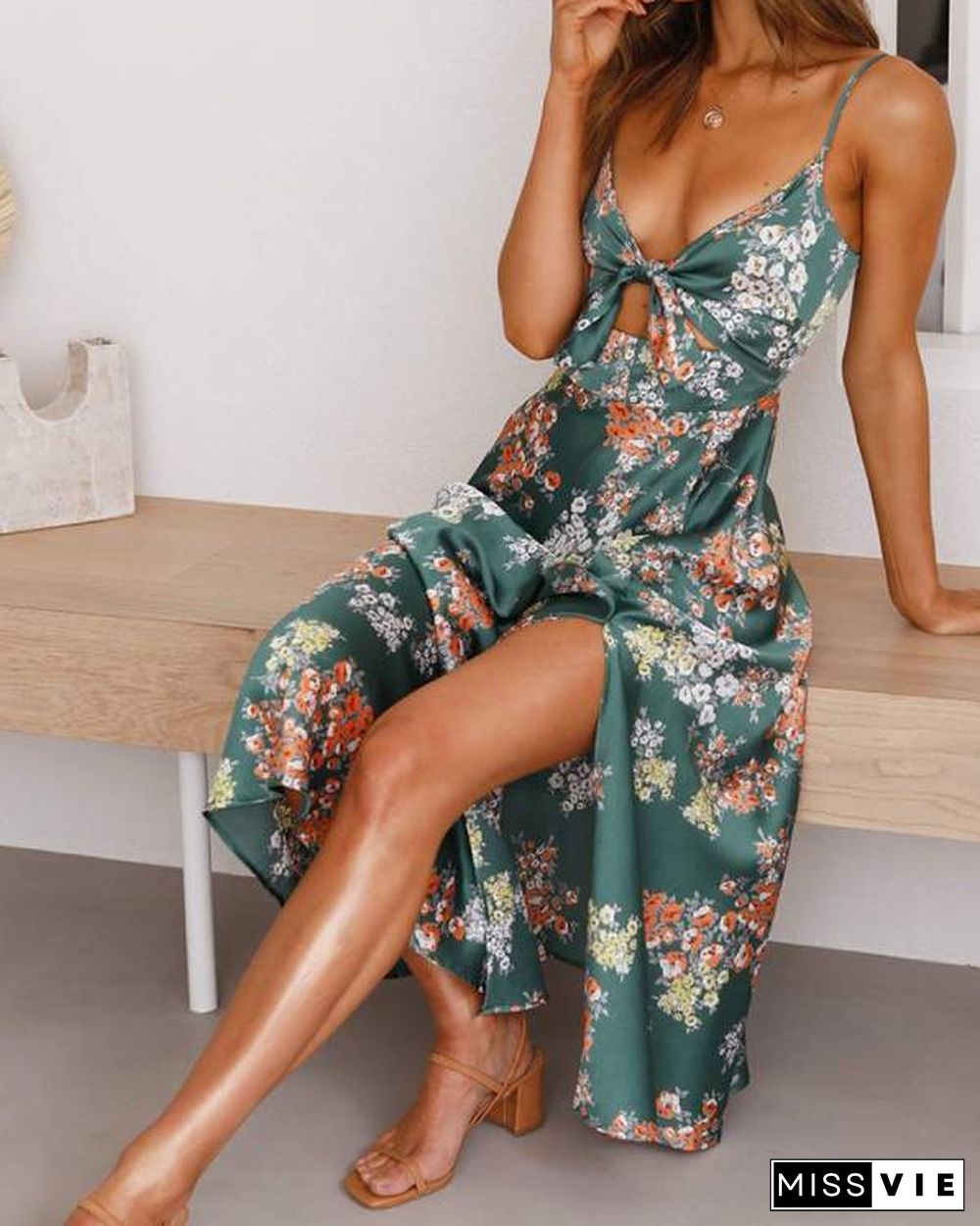 Floral Silky Front Slit Cut Out Tie Front Cami Dress