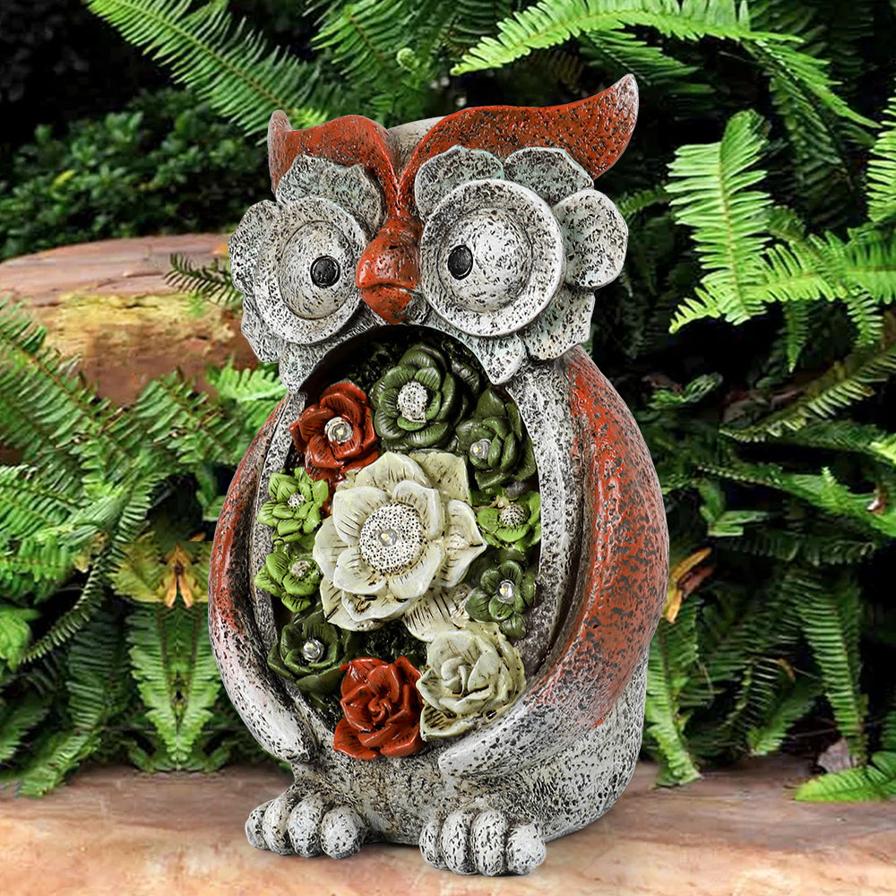 Garden Statue Owl Figurine - Resin Statue with Solar LED Lights for Patio Yard Art Decor, Lawn Ornaments, Indoor Outdoor Decorations