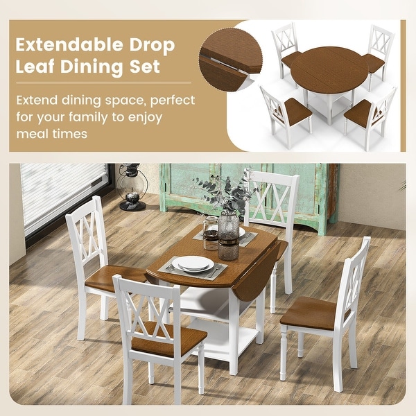 Gymax 5 Piece Round Dining Kitchen Set w/ Drop Leaf Dining Table