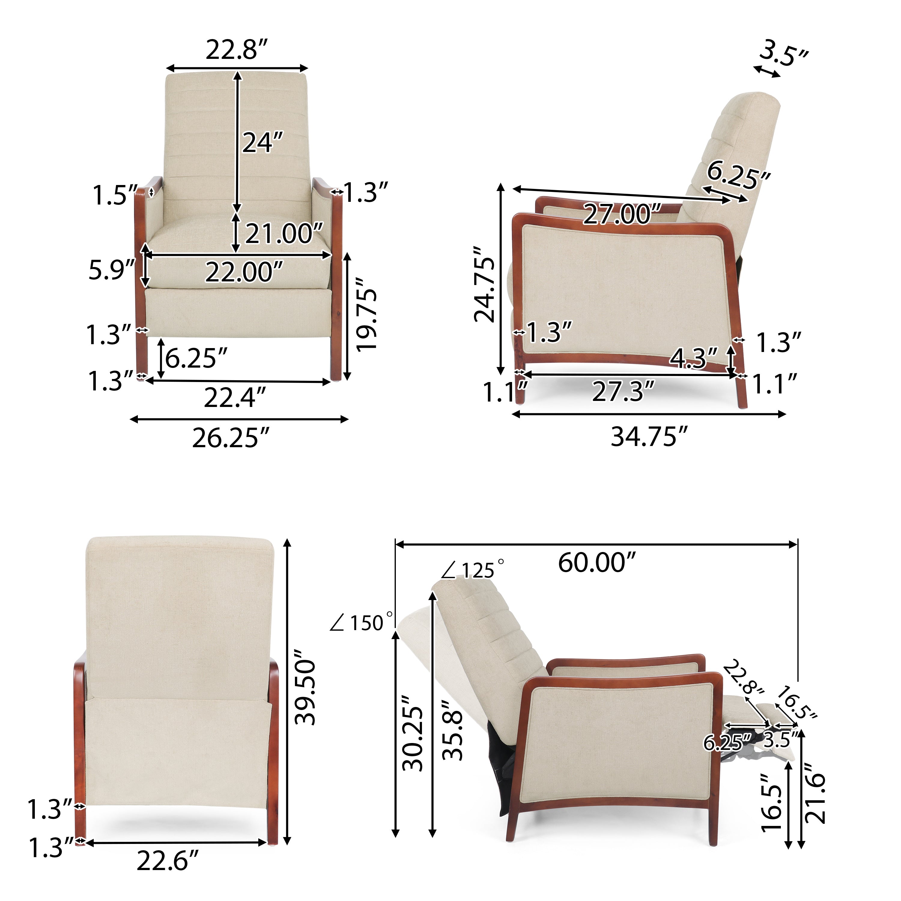 Mendota Mid Century Modern Fabric Channel Stitch Wood Pushback Recliner