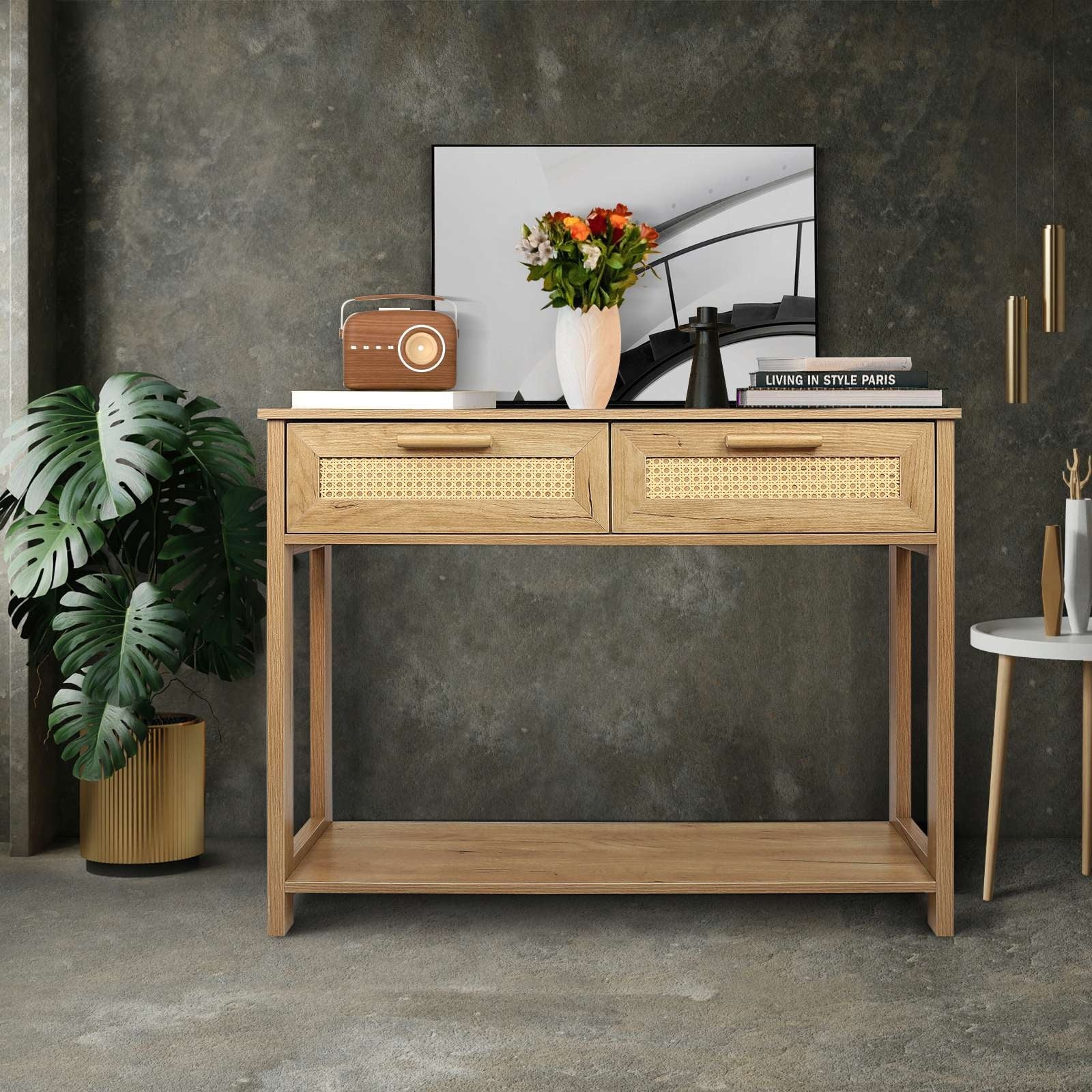 Rattan Design Console Table with 2 Drawers