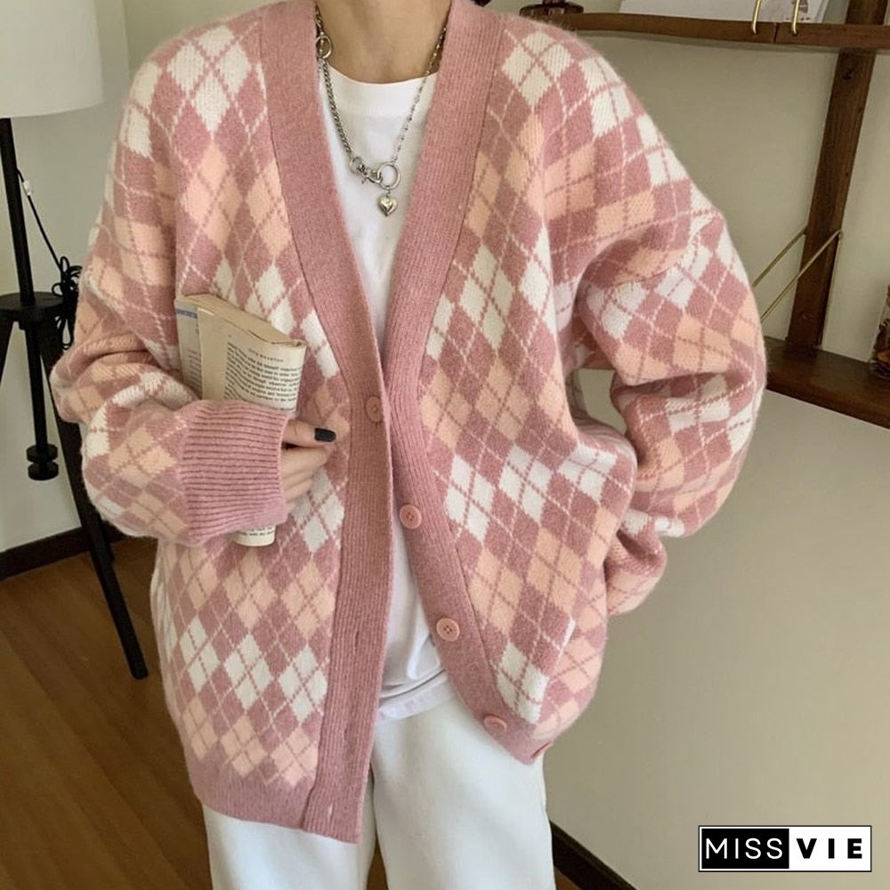 Knitted Cardigans Ladies Long Sleeve Argyle Korean Sweaters Female V-neck Rhombus Plaid Cardigan Jacket Fashion Women Sweater