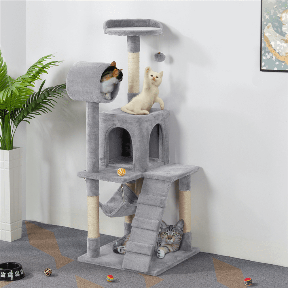 Yaheetech 51-in Cat Tree and Condo Scratching Post Tower， Light Gray