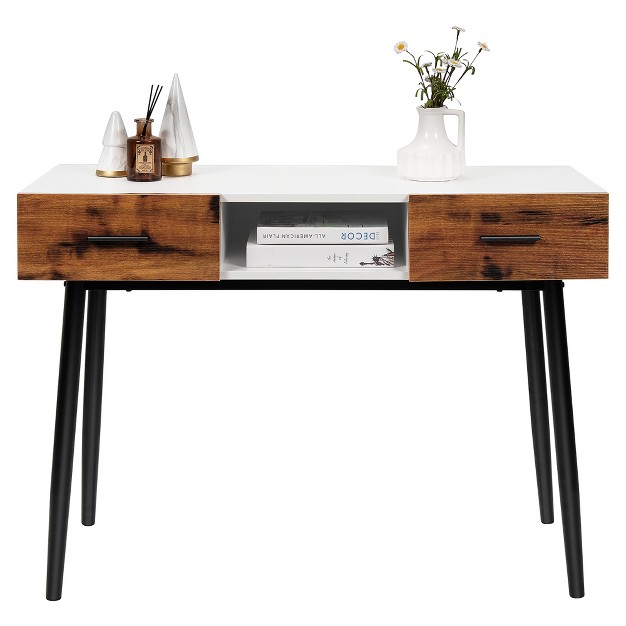 Costway 42 x27 x27 Industrial Console Table With Storage Drawers Open Shelf Entryway