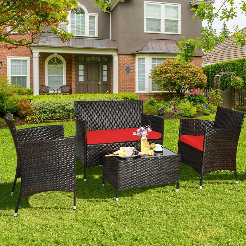 4 Pcs Rattan Wicker Patio Conversation Sets with Loveseat, Single Sofas, Coffe Table, Outdoor Bistro Set