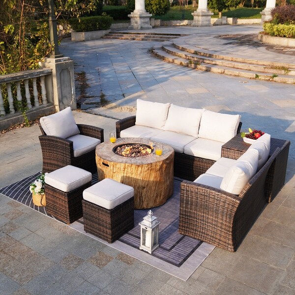 7piece Patio Wicker Garden Chat Sofa Set with Fire Pit and Storage Box