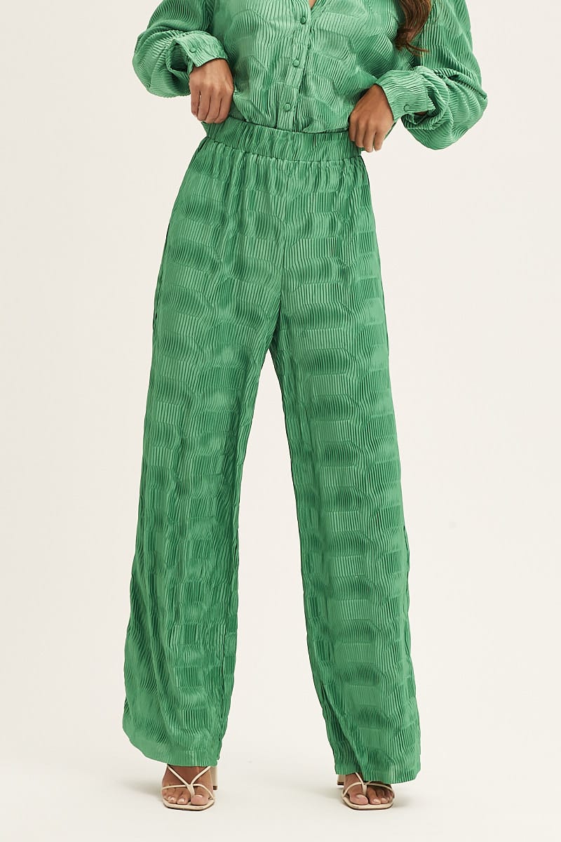 Green Plisse Pants Wide Leg High Rise