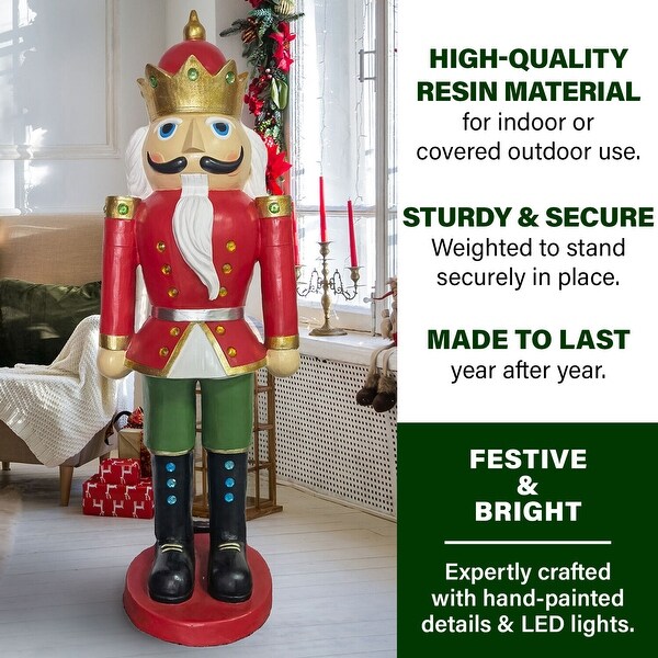 Fraser Hill Farm 5Ft. Nutcracker King，Resin Statue w/ LED Lights，Christmas Decor，Red