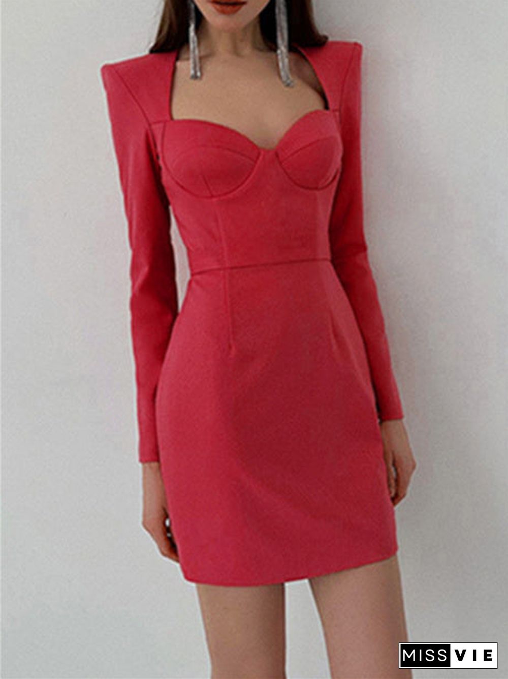 Women Long Sleeve U-neck Hip Wrapped Dress