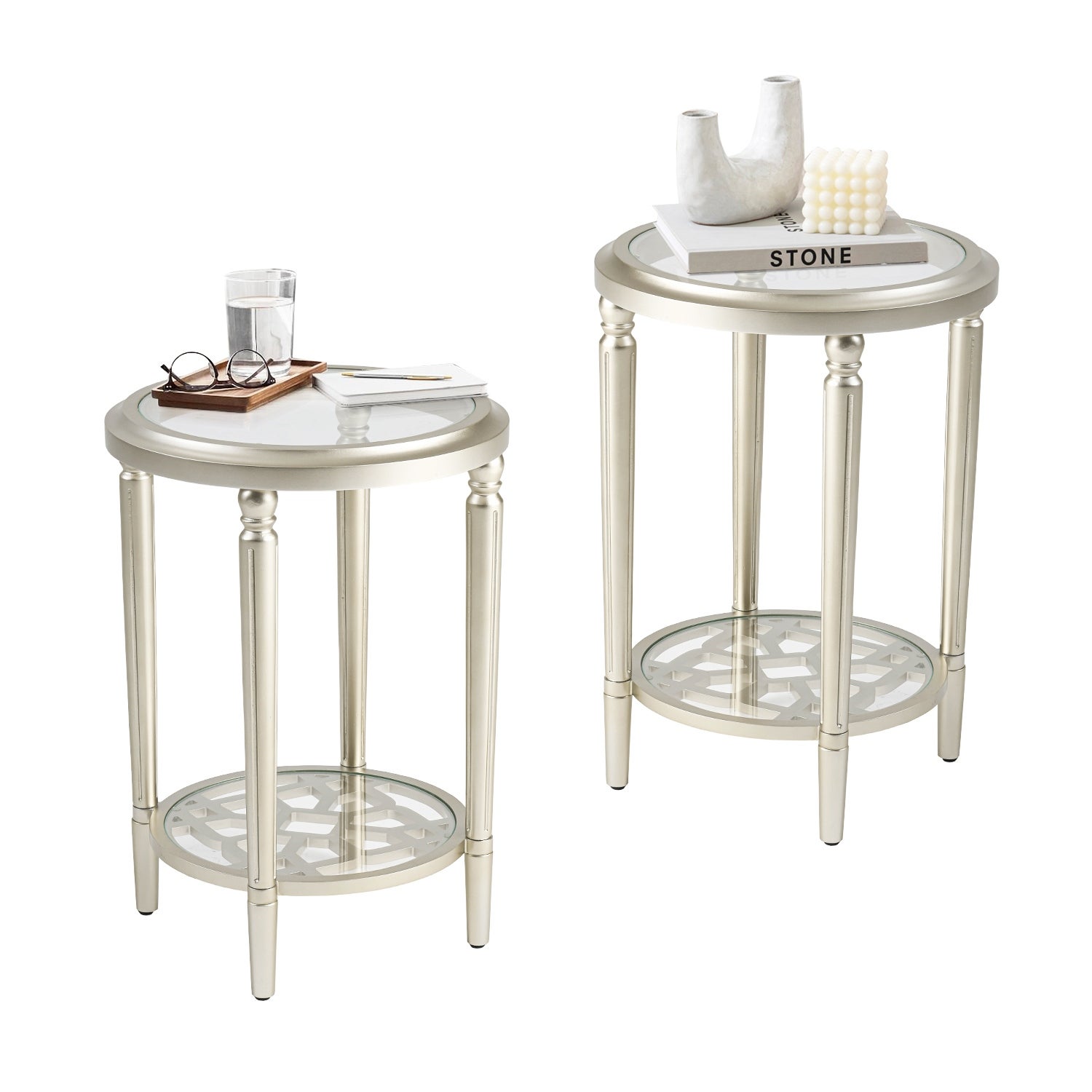 COSIEST 2-Tier Sliver Round Tempered Glass Side Table with Storage Shelf