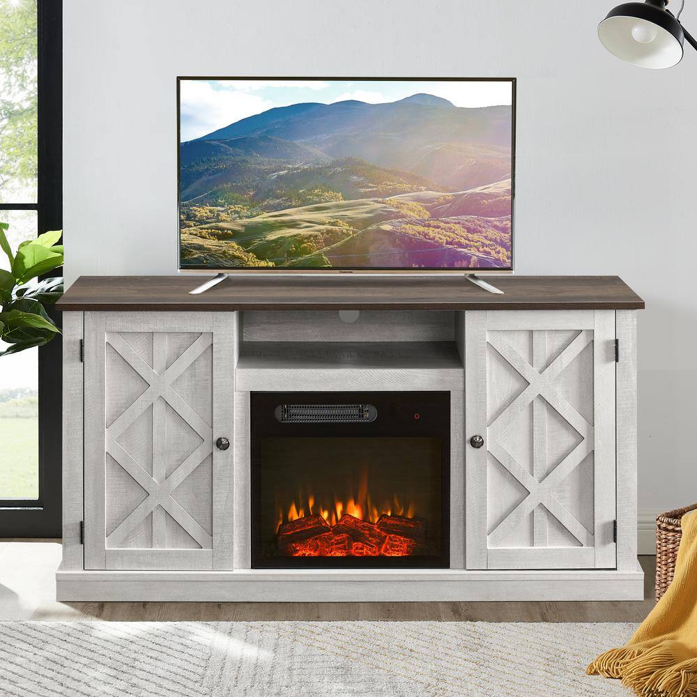 FESTIVO 54 in. Saw Cut-Off White TV Stand for TVs up to 60 in. with Electric Fireplace FFP20266