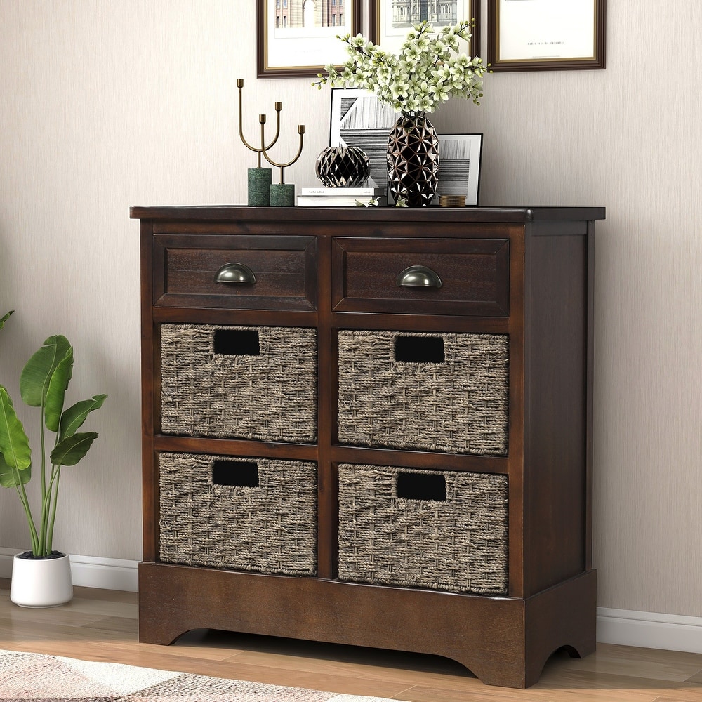 Rustic Storage Cabinet Sideboard with Two Drawers and Four Classic Rattan Basket for Dining Room/Living Room