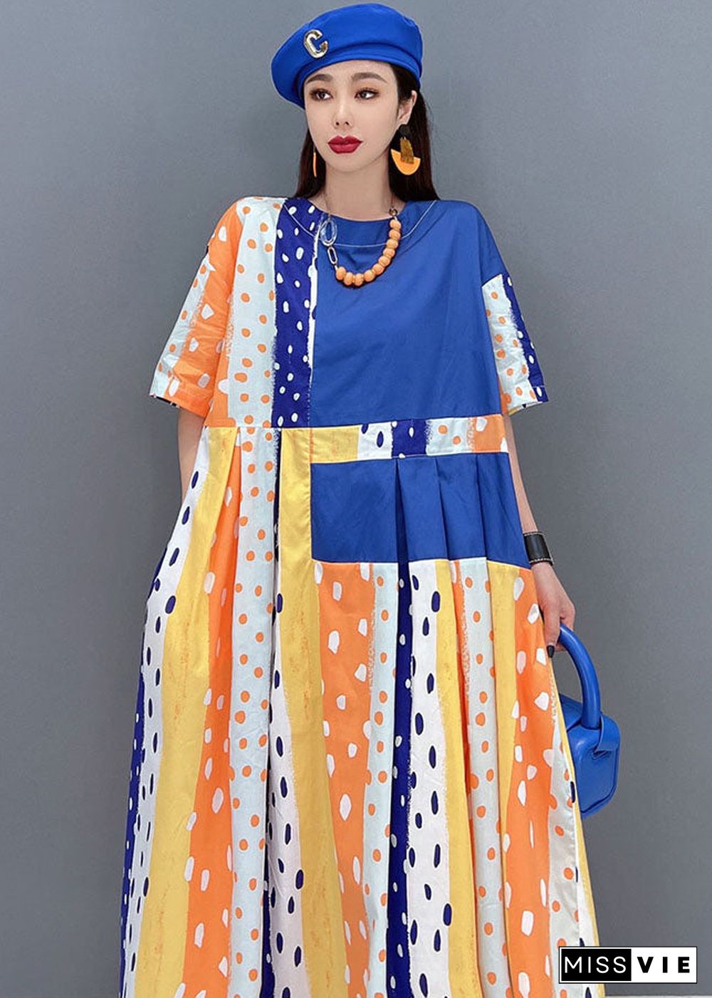 Women Blue Dot Print Patchwork Cotton Pleated Long Dress Short Sleeve