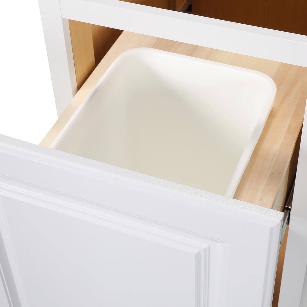 Hampton Bay Hampton Satin White Raised Panel Stock Assembled Pull Out Trash Can Base Kitchen Cabinet (18 in. x 34.5 in. x 24 in.) KBW18-SW