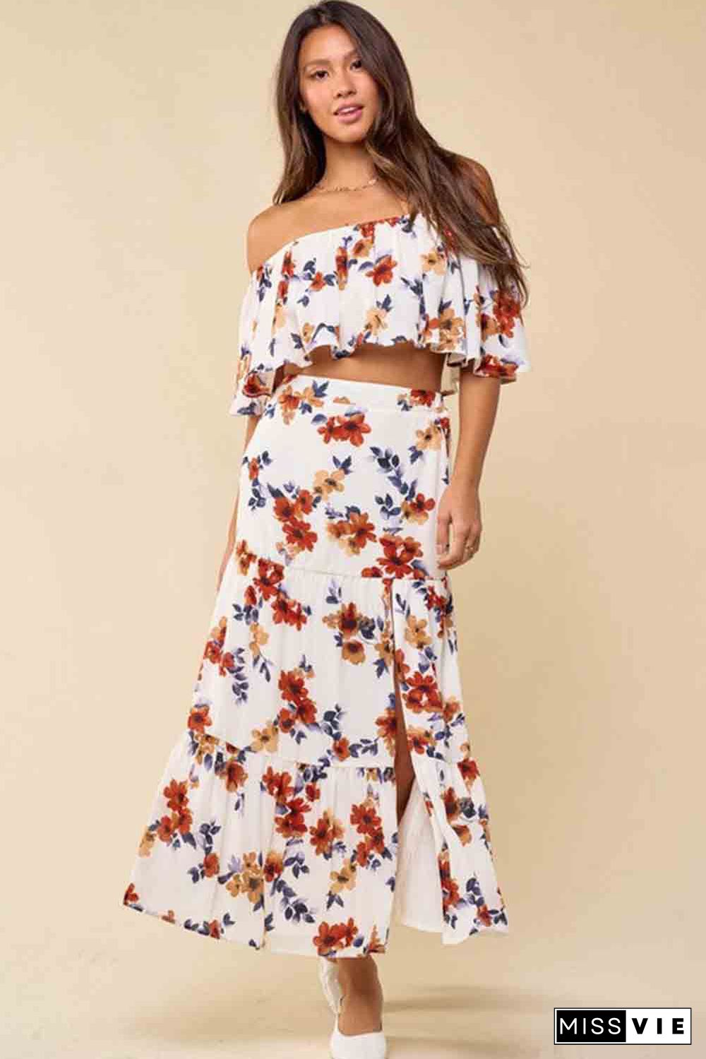 White Floral Print Off-shoulder Crop Top and Maxi Skirt Set