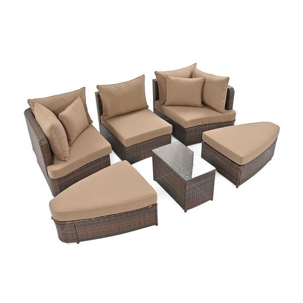 6Piece Patio Outdoor Conversation Sets Round Sectional Sofa，AllWeather PE Wicker Rattan Separate Seating Group with Table