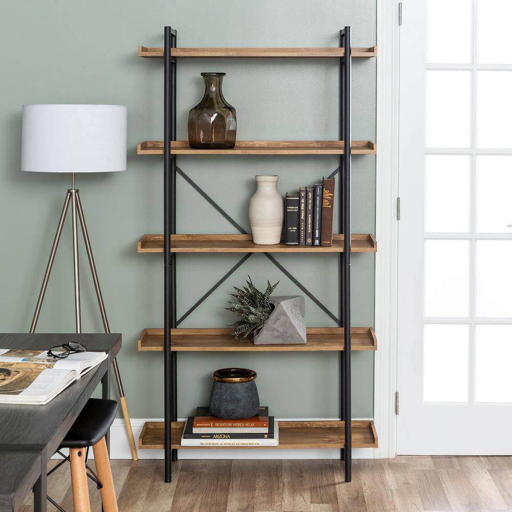 Walker Edison Furniture Company 68 in. BarnwoodBlack Metal 5-shelf Etagere Bookcase with Open Back HDS68UPBW