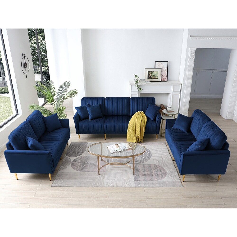 Velvet Sectional Sofa Set  Modern Channel Tufted Loveseat for Living Room  Round Arms Couch with 7 Pillows  3+2+2 Seater