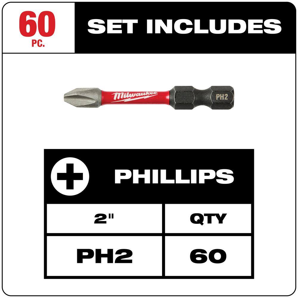 MW SHOCKWAVE Impact Duty 2 in. Phillips #2 Alloy Steel Screw Driver Bit Set (60-Pack) 48-32-5004-4X