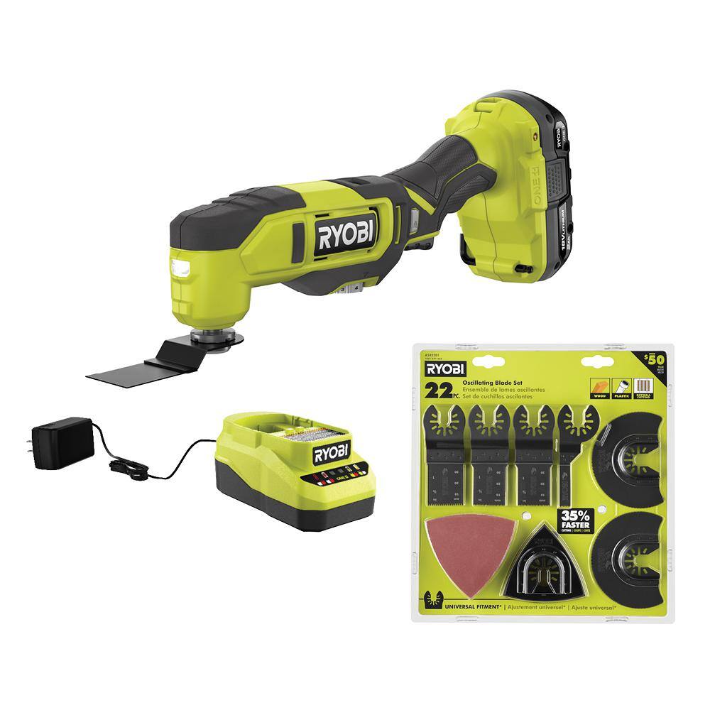 RYOBI ONE+ 18V Cordless Multi-Tool Kit with 2.0 Ah Battery Charger and  22-Piece Oscillating Blade Set PCL430K1-A242201