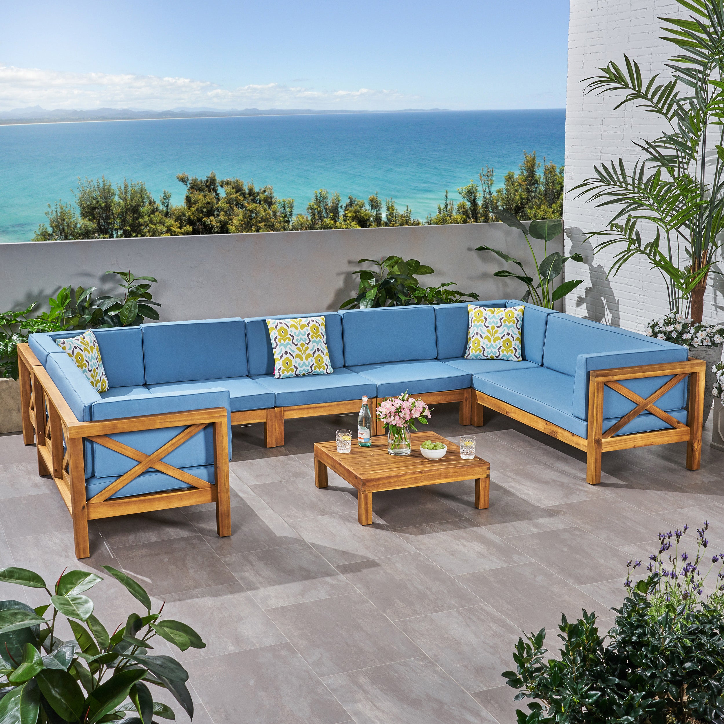 Isabella Outdoor 9 Seater Acacia Wood Sectional Sofa Set