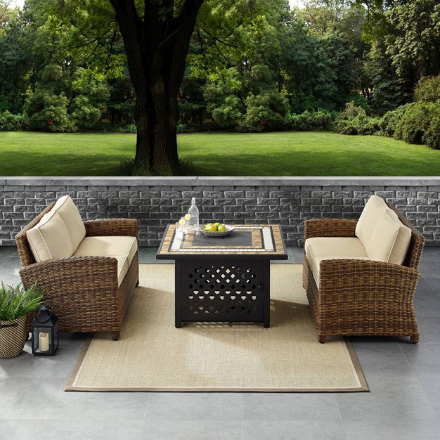 Crosley 3pc Bradenton Steel Outdoor Patio Fire Pit Furniture Set With Two Loveseats Tan brown