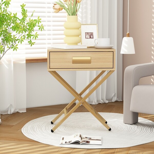 Contemporary Yellow Wood Side Table with Drawer and Wooden XLegs