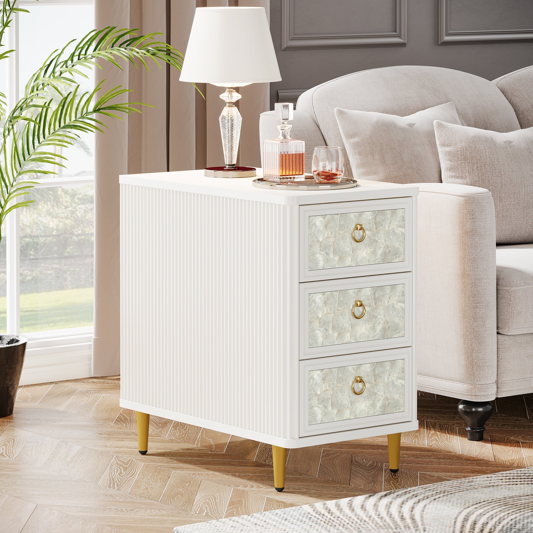 3-Drawer End Table, Modern Side Table With Shell-Decorated