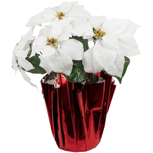 White Artificial Christmas Poinsettia With Red Wrapped Base