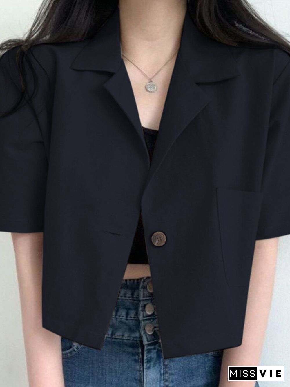 Solid Button Front Pocket Lapel Half Sleeve Casual Blazer