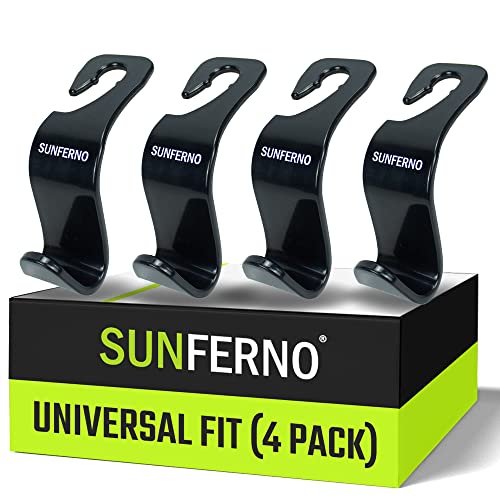 Sunferno Car Headrest Hooks 4 Pack - Stylish Back Seat Hanger for Your Purse， Grocery Bags， Handbag to Keep Them from Sliding Around While Driving - Car Seat Organizer Accessory - Black