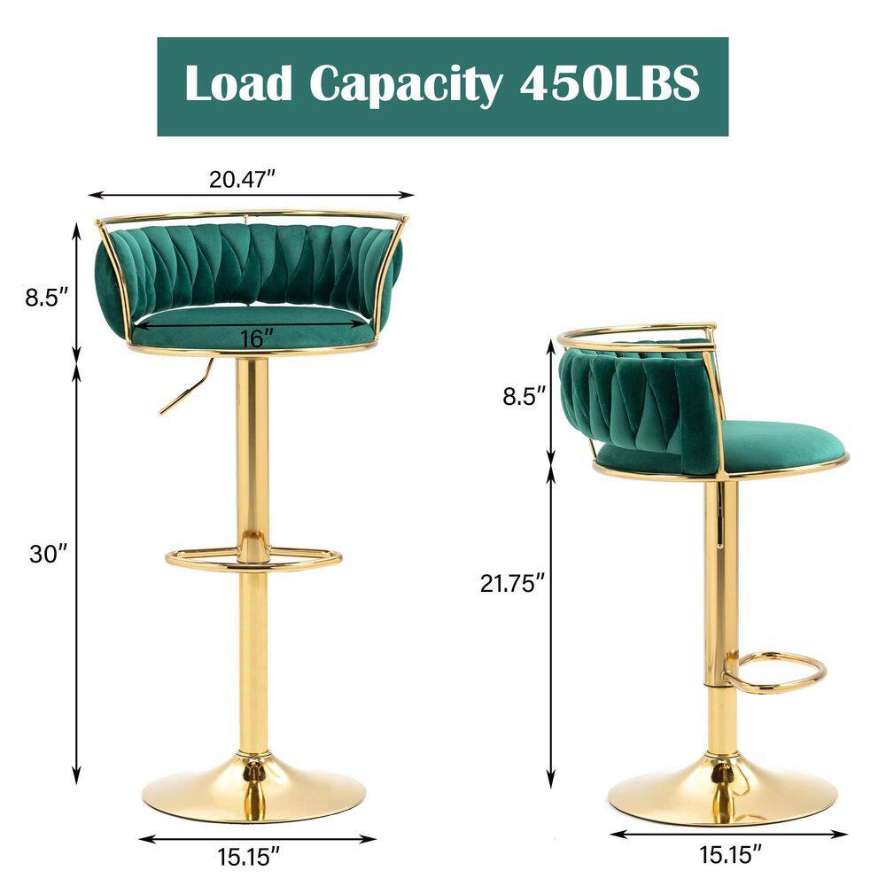 Uixe 38.5 in. Dark Green Low Back Metal Frame Swivel Adjustable Height Bar Stool with Velvet Seat (Set of 2) FOP-BT-GREEN-2