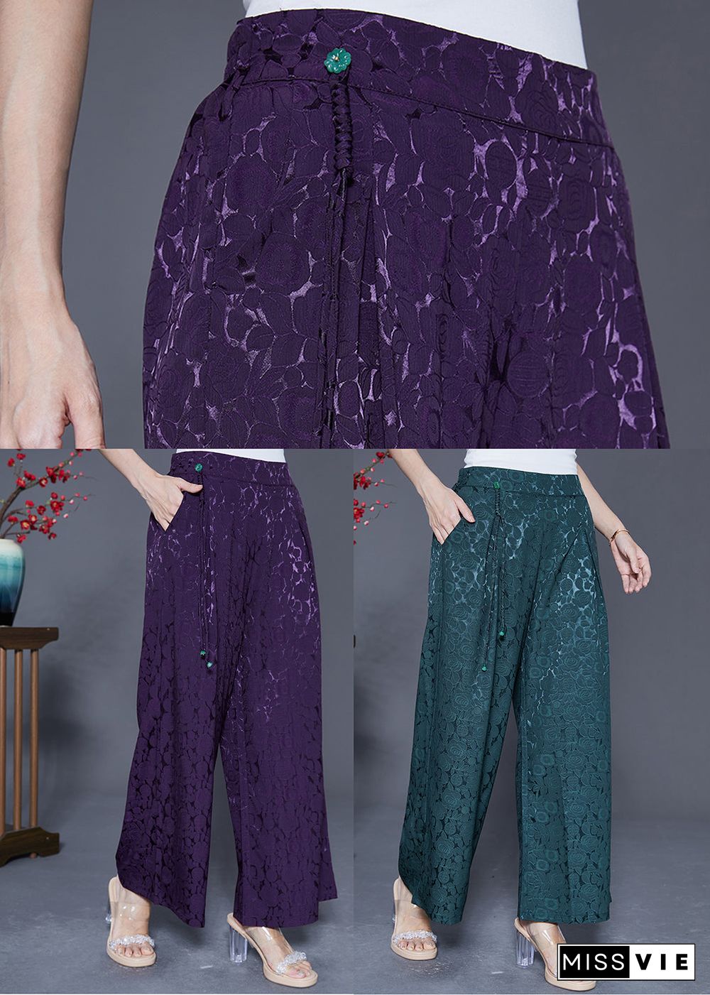 Blackish Green Silk Straight Pants High Waist Tassel Summer