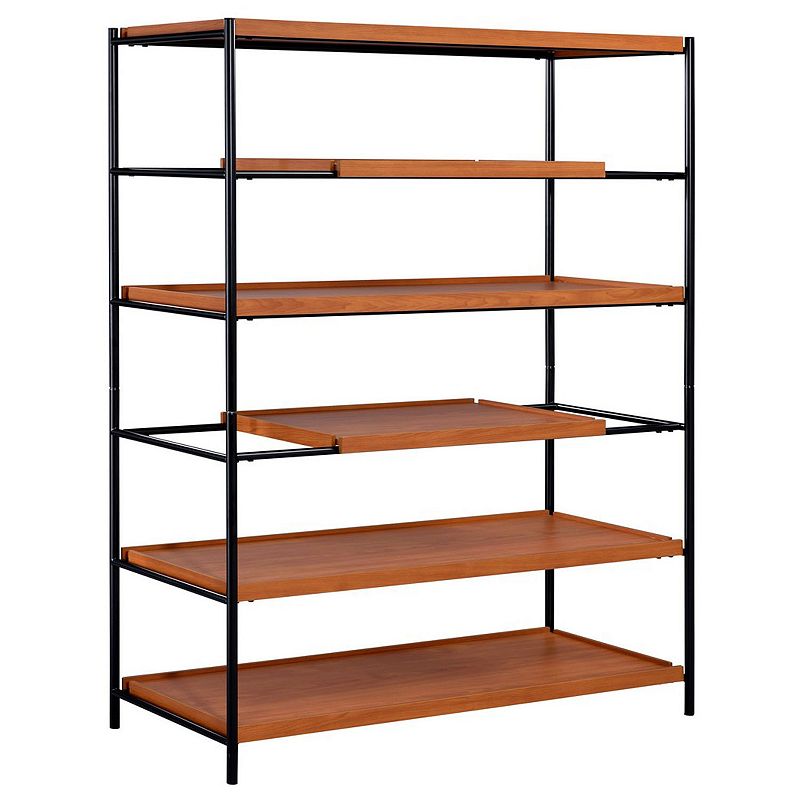 5 Tier Wooden Bookshelf with Open Metal Frame， Oak Brown and Black