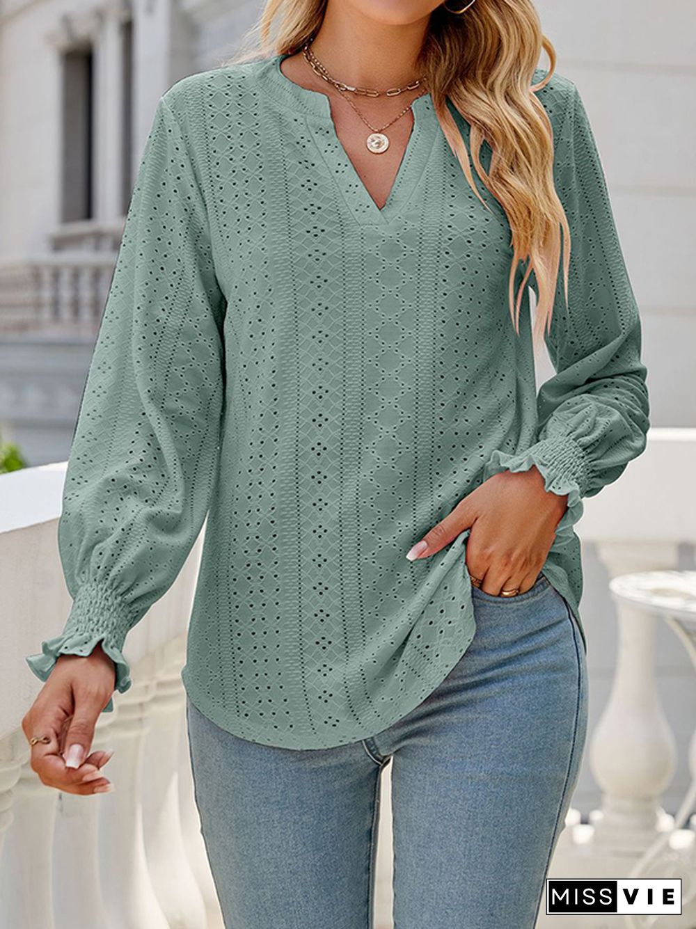 Long Sleeves Loose Elasticity Hollow Solid Color V-Neck T-Shirts Tops