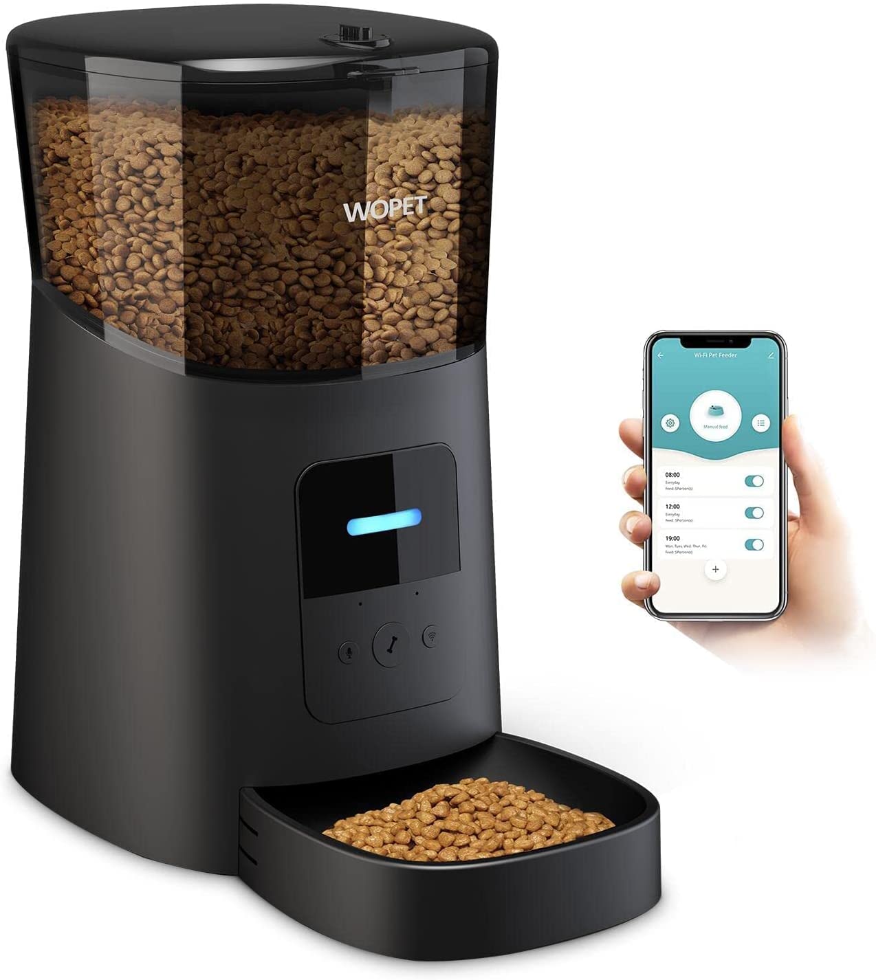 6L Automatic Cat Feeder，Wi-Fi Enabled Smart Pet Feeder for Cats and Dogs，Auto Dog Food Dispenser with Portion Control， Distribution Alarms and Voice Recorder Up to 15 Meals per Day (Black)