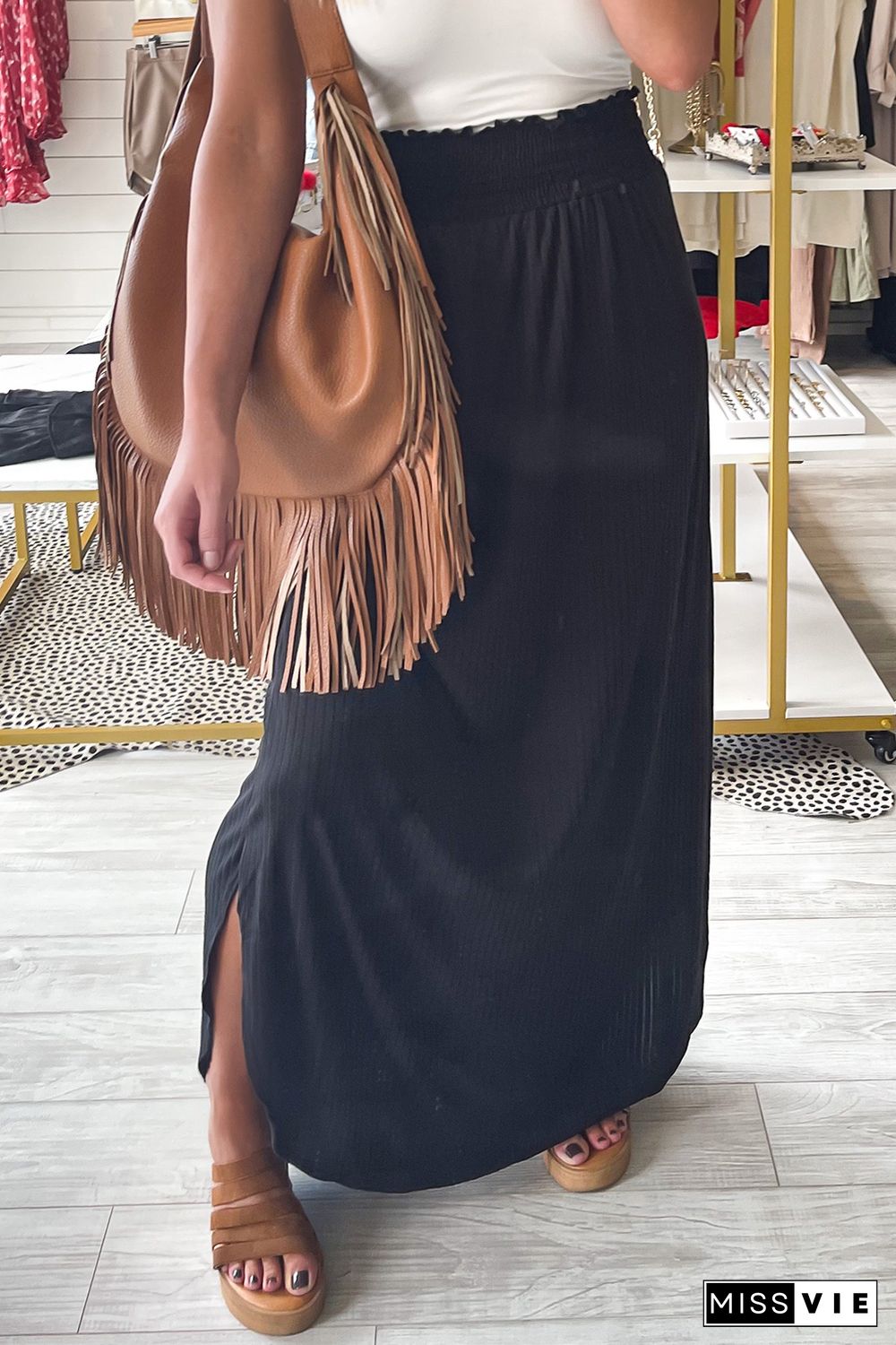 Black Smocked High Waist Maxi Skirt with Slit