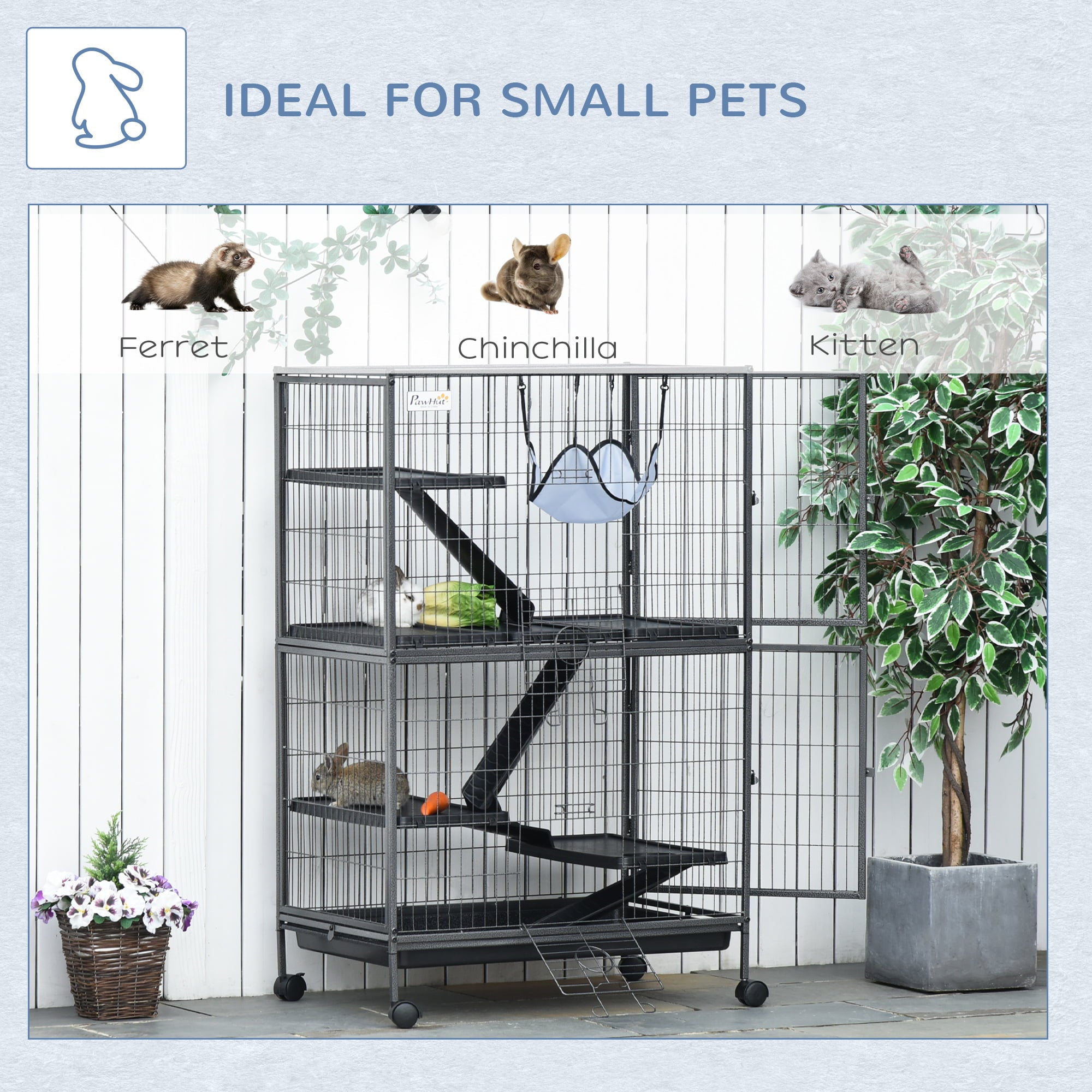 Pawhut 50” 4 Tier Steel Plastic Small Animal Pet Cage Kit with Wheels， Silver Gray Hammertone