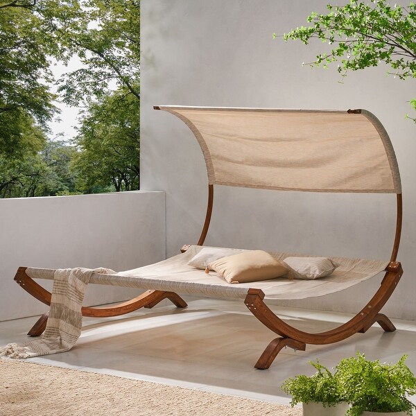 1Piece Solid Wood Outdoor Daybed with Two Pillows and Canopy