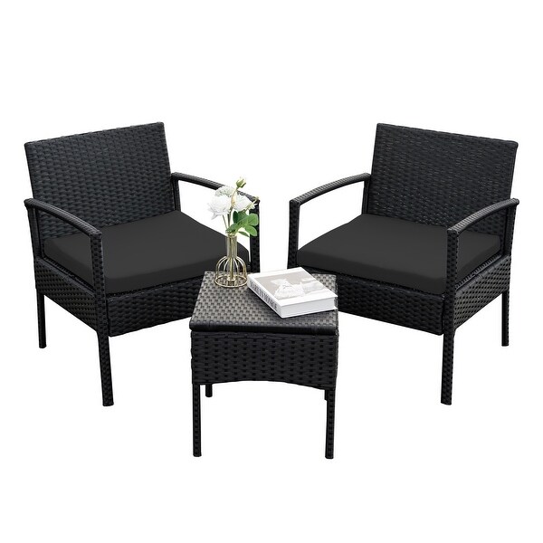 Outdoor Furniture 3 Piece Patio Bistro Furniture Set，Rattan Conversation Chairs Set with Side Table and Cushions