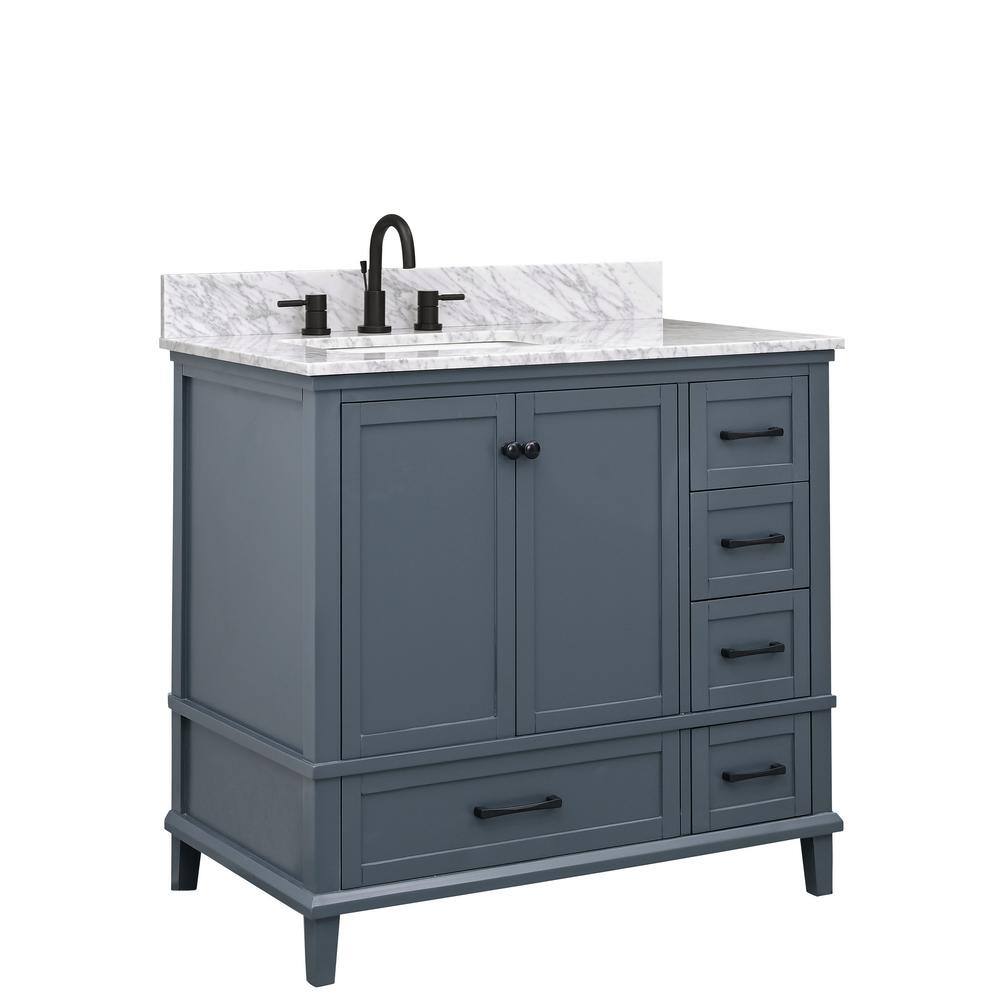 Home Decorators Collection Merryfield 37 in. W x 22 in. D x 35 in. H Bathroom Vanity in Dark Gray with Carrara White Marble Top 19112-VS37-DG