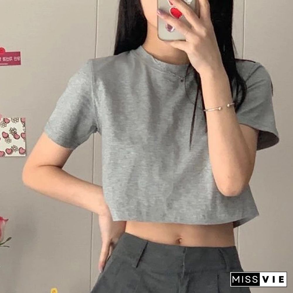 T-shirt Women Cropped Solid Sexy Minimalist Hot Sale Slim Casual Fashion Preppy Chic Basic Tops Korean Style Streetwear Popular